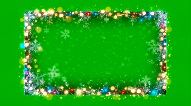 Marco rectangular festivo sobre fondo verde croma, compuesto por brillantes copos de nieve, destellos luminosos y part&iacute;culas con suave efecto bokeh.