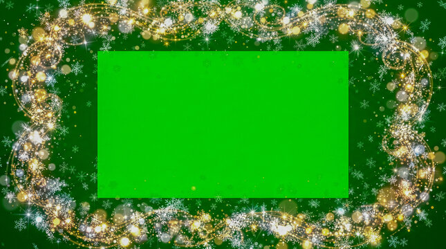 Marco rectangular festivo sobre fondo verde croma, compuesto por brillantes copos de nieve, destellos luminosos y part&iacute;culas con suave efecto bokeh.