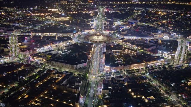 High-Angle Aerial Panoramic View of Tekes Bagua City Nightscape, Ili Unique Bagua I-Ching Geometric Structure, City Lights, Radial Street Network and Concentric Ring Roads in Xinjiang