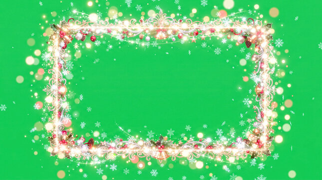 Marco rectangular festivo sobre fondo verde croma, compuesto por brillantes copos de nieve, destellos luminosos y part&iacute;culas con suave efecto bokeh.