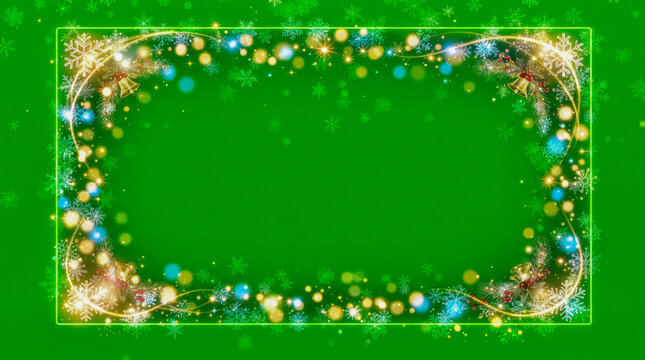 Marco rectangular festivo sobre fondo verde croma, compuesto por brillantes copos de nieve, destellos luminosos y part&iacute;culas con suave efecto bokeh.