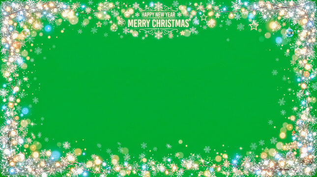 Marco rectangular festivo sobre fondo verde croma, compuesto por brillantes copos de nieve, destellos luminosos y part&iacute;culas con suave efecto bokeh.