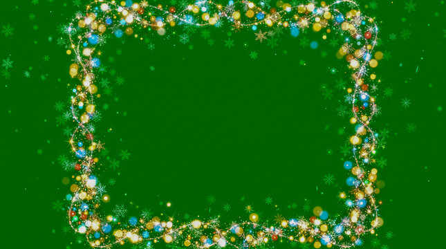 Marco rectangular festivo sobre fondo verde croma, compuesto por brillantes copos de nieve, destellos luminosos y part&iacute;culas con suave efecto bokeh.