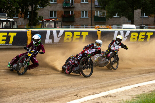 DAUGAVPILS, LATVIA - JULY 19, 2026: Speedway riders during polish national league match between Lokomotiv Daugavpils and Trans MF Landshut Devils  44:46