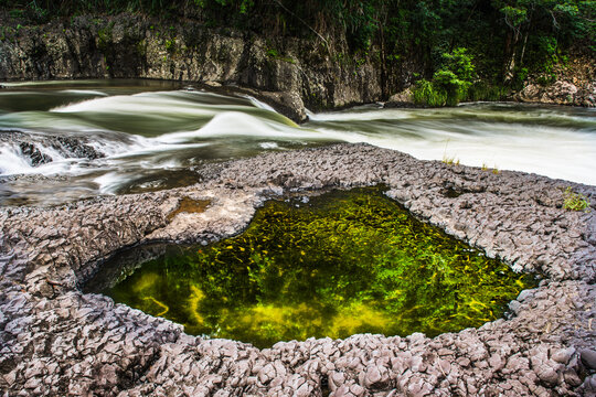Natural rock pool filled with clear water next to a flowing river waterfall in a forest setting