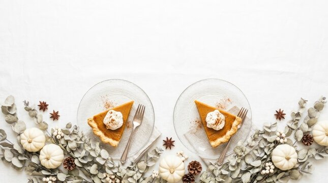 Two slices of delicious pumpkin pie with whipped cream served on plates for a festive thanksgiving holiday celebration dinner