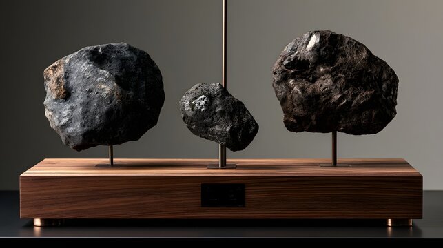 Three meteorite specimens displayed on individual metal stands mounted on a polished wooden base with minimalist design
