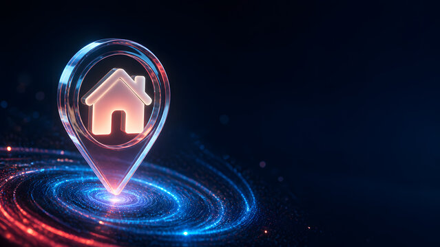 glass house pin icon glowing orange blue light spiral swirl dark location estate background design