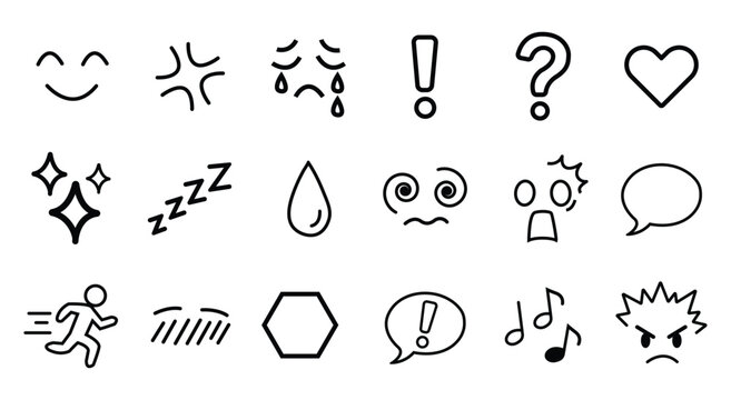 Effect comic line icon set. Hand drawn comic effect line with heart star arrow sketch mark movement. Angry manga question scribble emoji emotion sparkle emphasis doodle. Vector illustration 