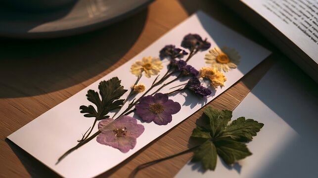 A pressed dried flower bookmark with purple and yellow blooms rests on a wooden surface beside an open book