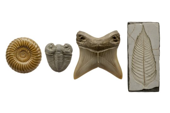 Collection of prehistoric fossils including ammonite trilobite shark tooth