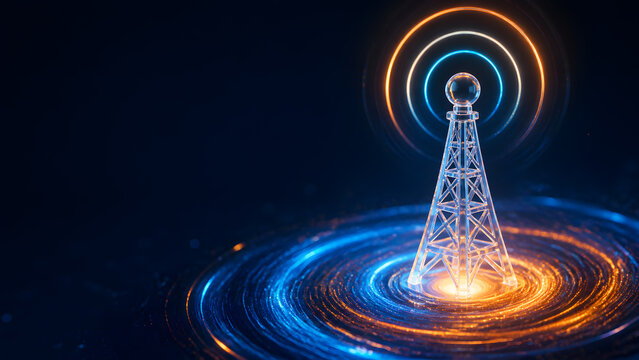 glass radio tower icon glowing blue gold light spiral swirl dark broadcast signal background design