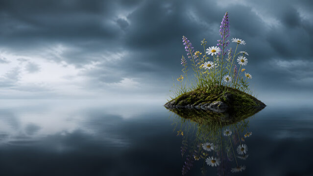 mossy rock island covered with daisy and lupine flowers floating in calm water under stormy cloudy sky