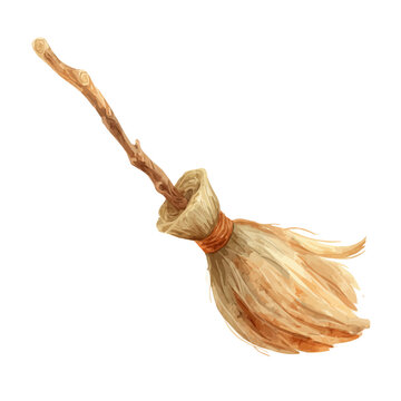 Hand-painted watercolor artwork of Witch Broomstick, isolated on white background