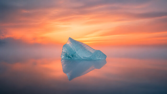 small iceberg floating on calm water with soft reflection under glowing orange sunset sky and fog