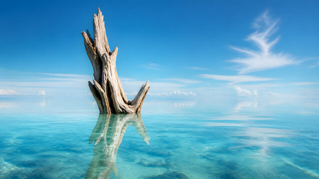 weathered driftwood stump standing in shallow clear turquoise water under bright blue sky and cloud