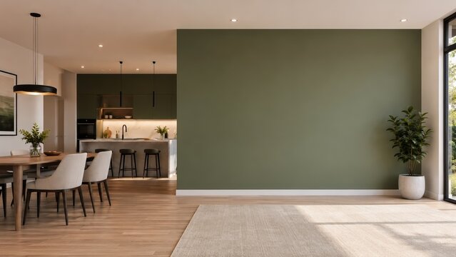 Mockup Christmas room with copy space olive green wall. Modern open plan dining area and kitchen with wooden floor, neutral furniture, indoor plant, warm lighting, and minimalist holiday interior.