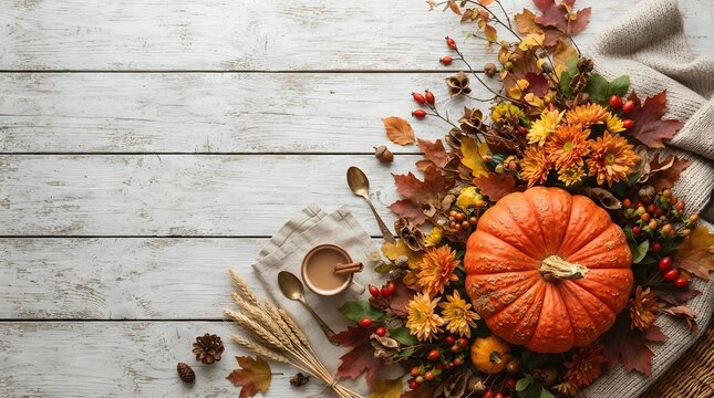 Festive halloween background with a ripe pumpkin and autumn leaves on a rustic white wooden table surface