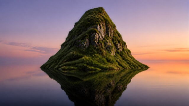 mossy pyramid shaped mountain island floating in calm water under warm orange sunset sky and horizon