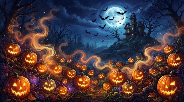 Spooky halloween night background featuring glowing jack o lanterns and a haunted castle under a full moon