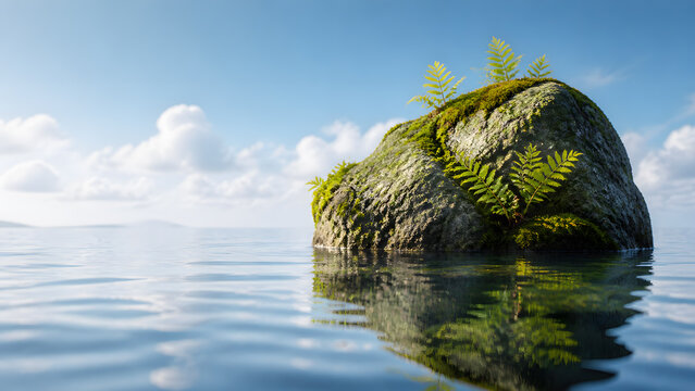 mossy rock covered with fern plants floating in calm water under clear blue sky and cloud