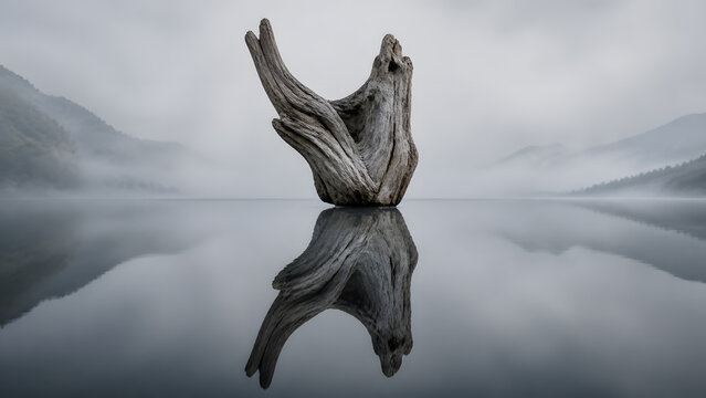 weathered driftwood stump standing in calm still water under soft foggy sky with distant mountain
