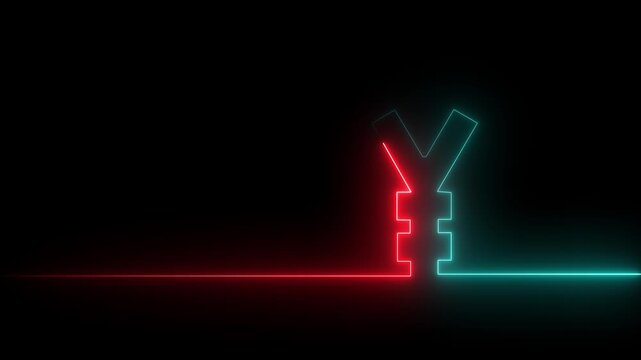 Neon glowing single line in shape of symbol of Japanese currency Yen on a black background. Bright red and green laser oneline illustration for financial or economic background