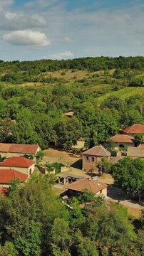 Aerial around view of old rustic vintage houses with wine cellars in Rogljevacke pivnice in Negotin region of Serbia. Vertical video 4k