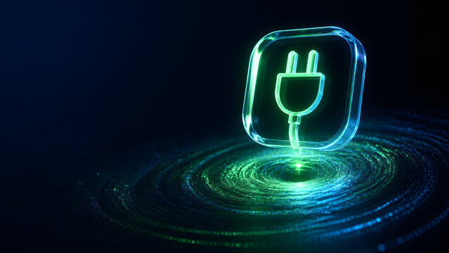 Glowing green plug icon inside glass frame above swirling energy vortex backdrop for power supply