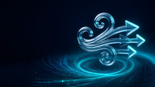 glowing glass swirl with arrows representing wind motion speed and dynamic energy flow design background