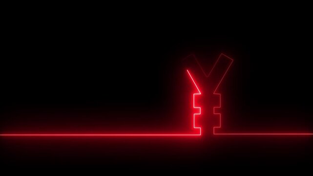 Neon glowing single line in shape of symbol of Japanese currency Yen on a black background. Bright red and green laser oneline illustration for financial or economic background