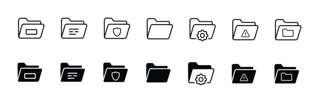 Folder management icon set featuring open and closed folders with search, settings and document symbols for file organization, storage, computer and vector design.