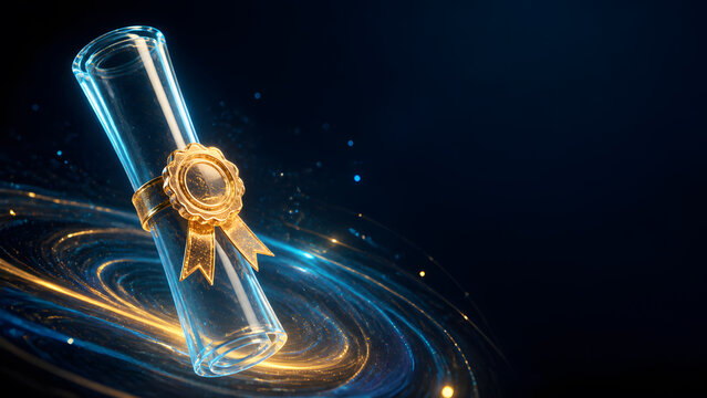 glowing crystal diploma scroll with gold ribbon representing graduation achievement and academic certification design background