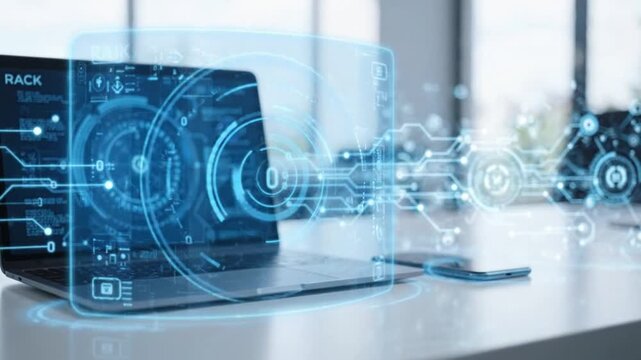 Laptop computer displaying holographic digital data streams of advanced complex blue cyber security code motion graphics integration for modern corporate business intelligence systems providing real t