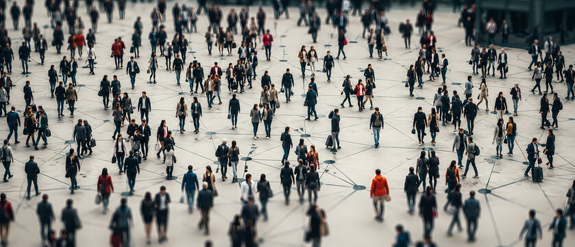 Elevated view of a dense crowd of connected people moving across a large urban plaza, illustrating social networking, communication, community, mobility and collective interaction