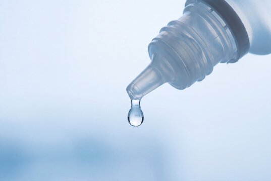 Eye drops bottle with falling liquid drop medical healthcare closeup