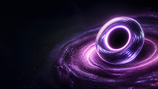 glowing purple sphere with dark center floats above swirling galaxy ring representing black hole space