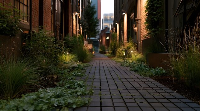 A narrow urban alleyway paved with interlocking bricks  flanked by brick buildings and lush greenery under warm evening lighting