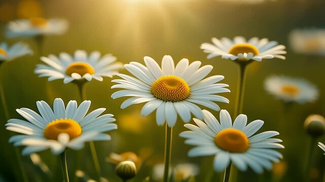 A close-up, sun-drenched triptych of daisies in a field.