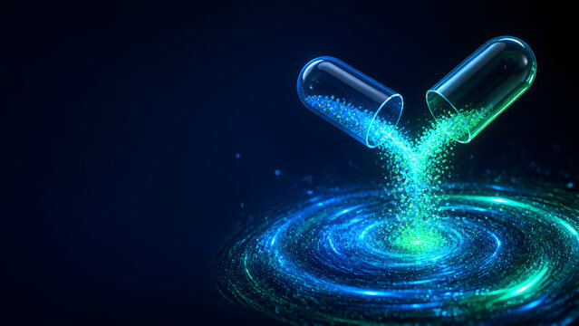 Glass medicine capsule pouring glowing particle into swirling vortex representing pharmaceutical science health innovation and medical research
