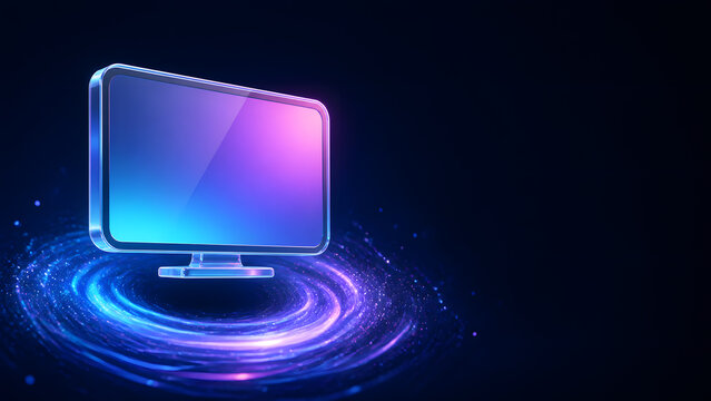 Glass computer monitor glowing purple and blue above swirling light representing technology display digital screen electronics and multimedia innovation