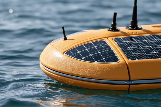 Autonomous surface vehicle with solar panels floating on ocean surface