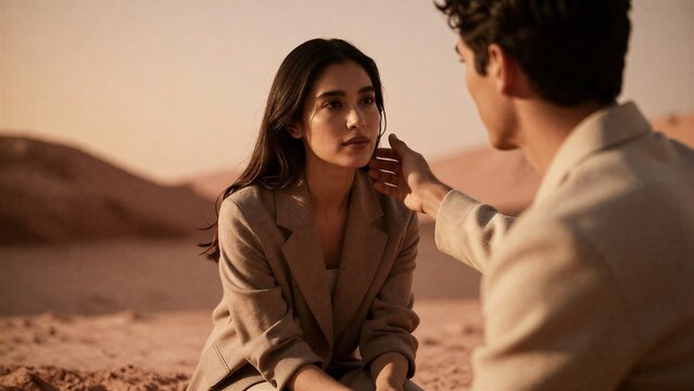 Romantic intimacy concept with couple in desert, man gently touching woman's face against sand dunes, warm beige tones and cinematic lighting for love and relationship themes