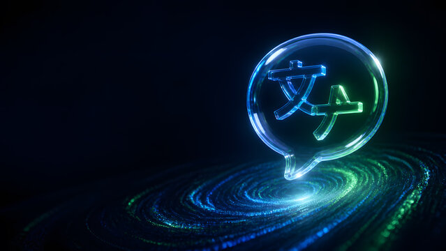 Glass speech bubble with glowing translate symbol above swirling light representing language translation communication global connection and multilingual technology