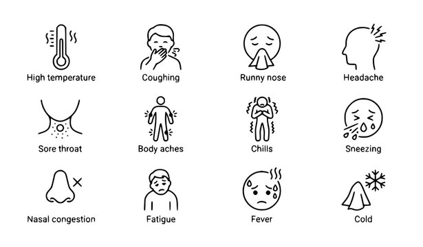 Flu and cold symptoms medical line icon set with fever cough runny nose headache sore throat and body aches vector