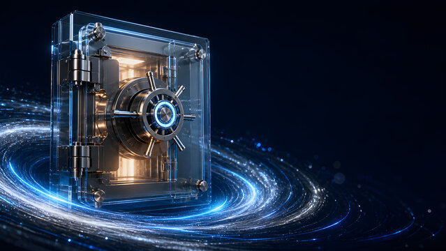Glass bank vault with metal door glowing above swirling light representing security banking finance protection wealth and safe storage