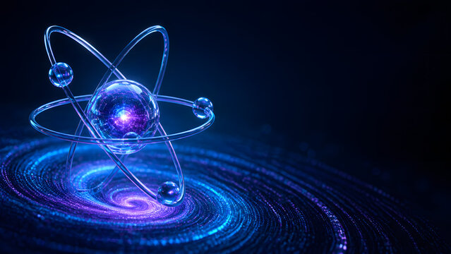 Glowing atom with orbiting electron representing science physics chemistry energy nuclear research digital technology background design template