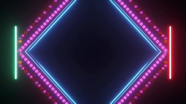 A triptych of abstract geometric designs featuring glowing neon borders, dotted lines of lights, and vertical neon bars in green, pink, and blue hues against a dark background.