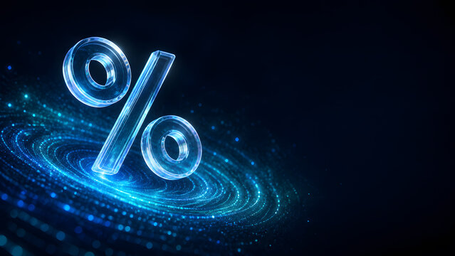 Glowing percent symbol representing discount finance interest rate sale offer economy business digital technology background design template