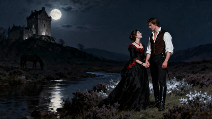 Naklejka premium Romantic Couple Under Full Moon Beside Medieval Castle at Night